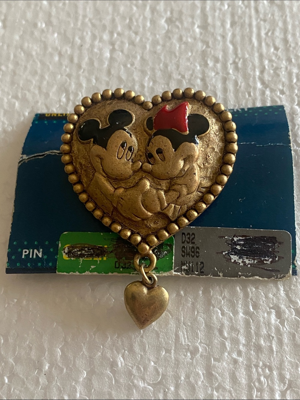 Vintage Mickey & Minnie Heart Pin - Gold Tone with Red Accent